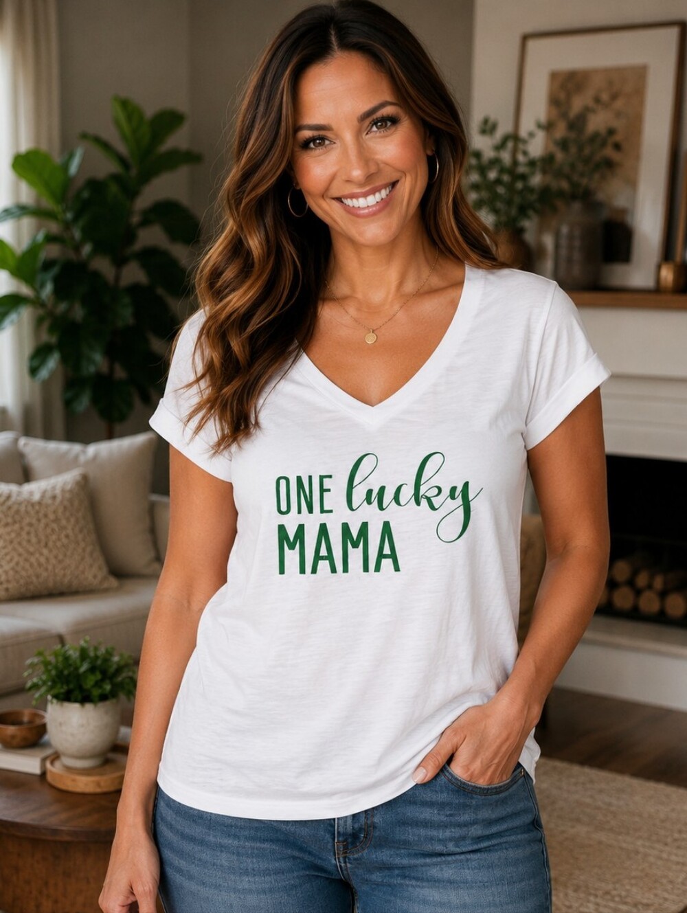 Women's XL Lucky mama V-neck Tee